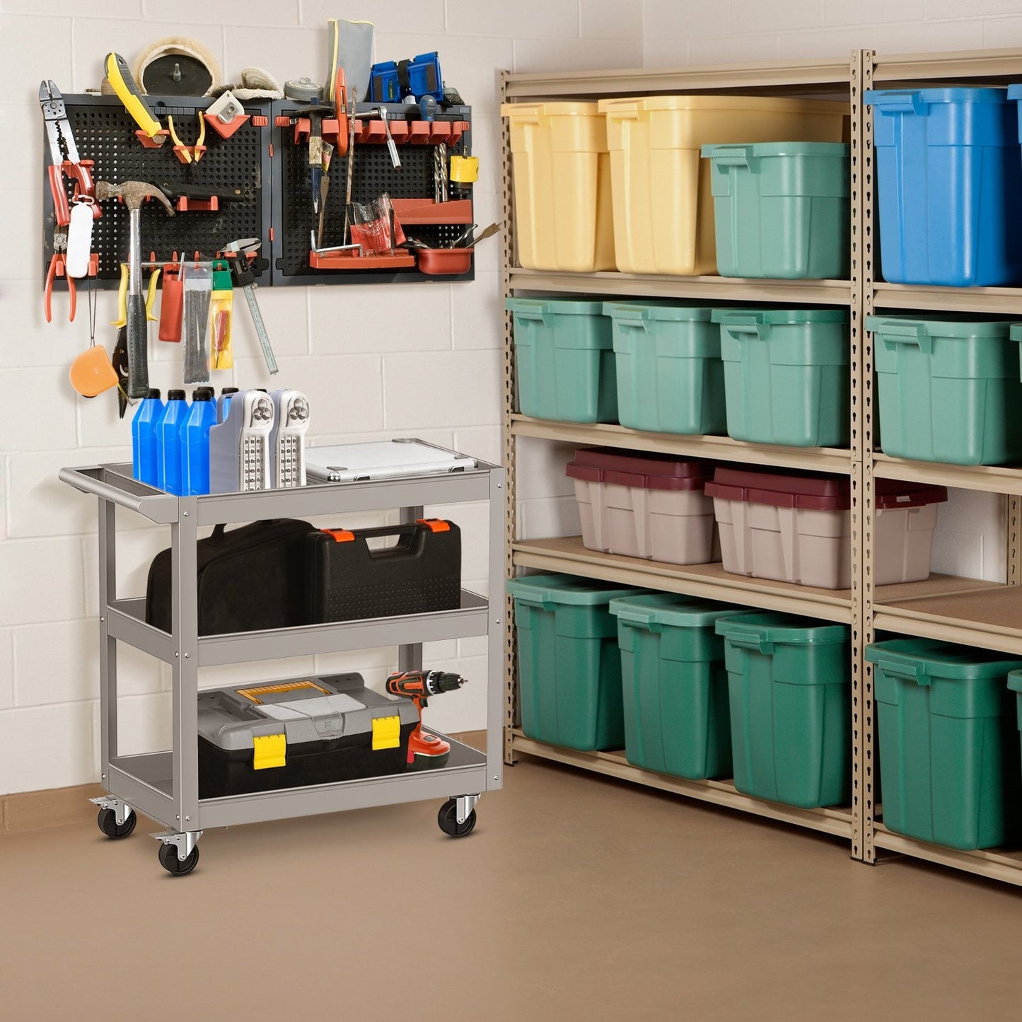 3-Tier Metal Utility Cart Trolley Tool with Flat Handle and 2 Lockable Universal Wheels-Black