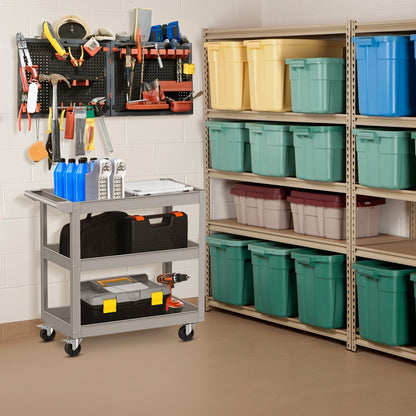 3-Tier Metal Utility Cart Trolley Tool with Flat Handle and 2 Lockable Universal Wheels-Black