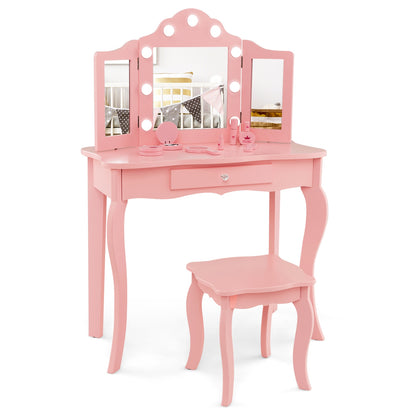 Kid Vanity Table Stool Set with Tri-Folding Mirror and 3-Color LED Lights-Pink