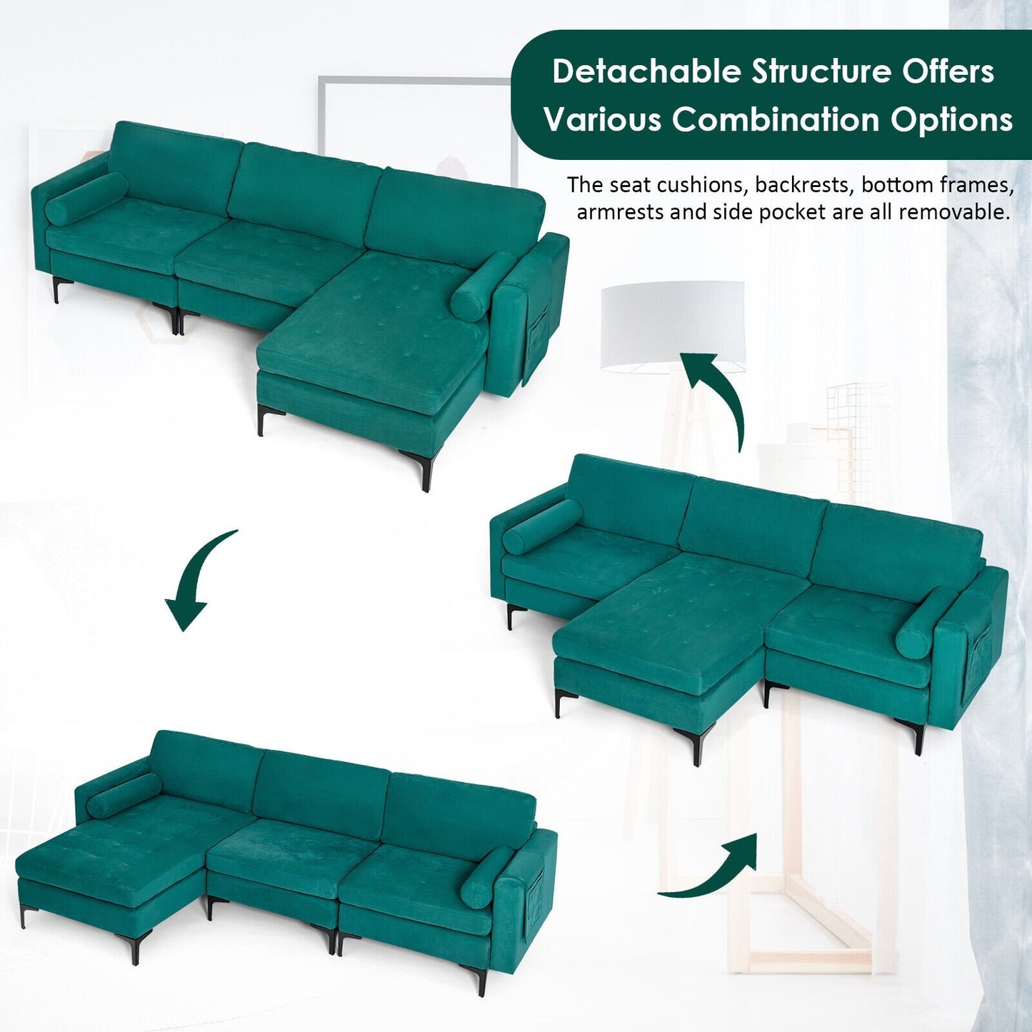 Modular 2-seat/3-Seat/4-Seat L-shaped Sectional Sofa Couch with Reversible Chaise and Socket USB Ports-3-Seat L-shaped