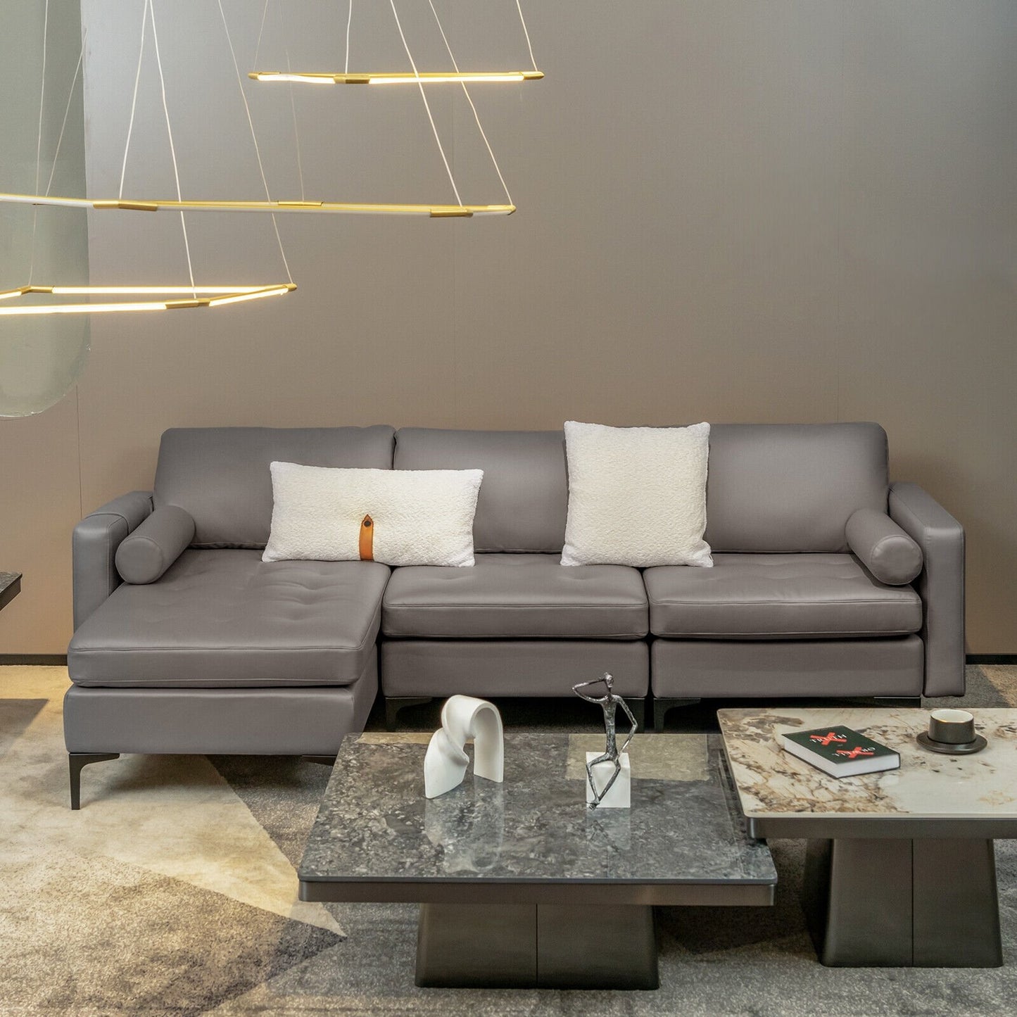 Modular 2-seat/3-Seat/4-Seat L-shaped Sectional Sofa Couch with Reversible Chaise and Socket USB Ports-3-Seat L-shaped