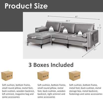 Modular 2-seat/3-Seat/4-Seat L-shaped Sectional Sofa Couch with Reversible Chaise and Socket USB Ports-3-Seat L-shaped