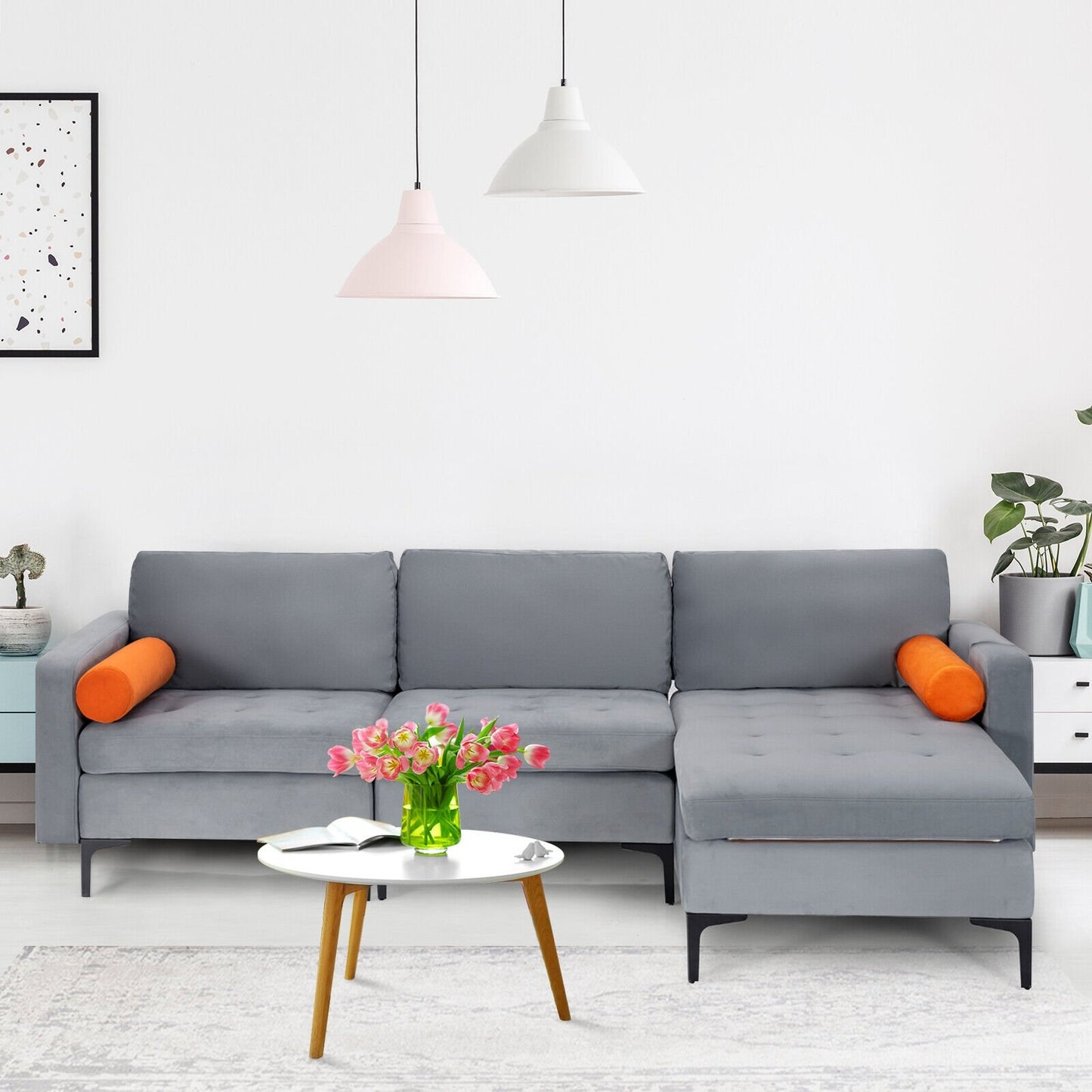 Modular 2-seat/3-Seat/4-Seat L-shaped Sectional Sofa Couch with Reversible Chaise and Socket USB Ports-3-Seat L-shaped