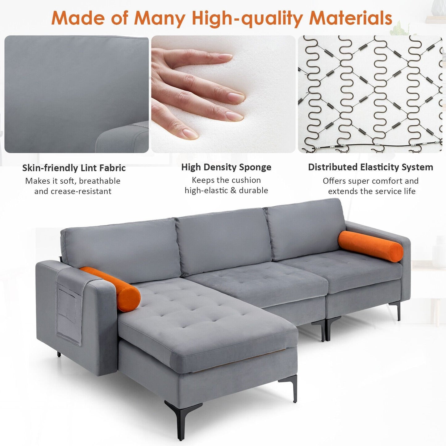 Modular 2-seat/3-Seat/4-Seat L-shaped Sectional Sofa Couch with Reversible Chaise and Socket USB Ports-3-Seat L-shaped