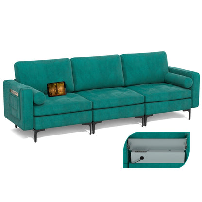 Modular 3-Seat Sofa Couch with Socket USB Ports and Side Storage Pocket-Gray