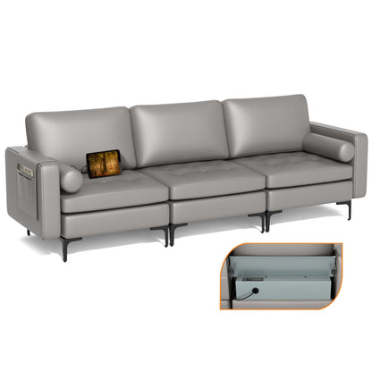 Modular 3-Seat Sofa Couch with Socket USB Ports and Side Storage Pocket-Gray