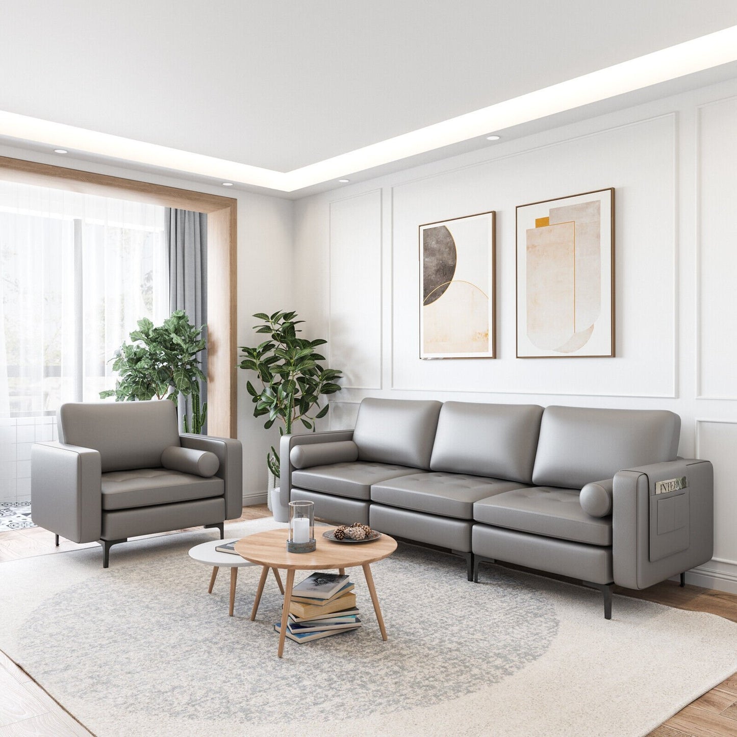 Modular 3-Seat Sofa Couch with Socket USB Ports and Side Storage Pocket-Gray