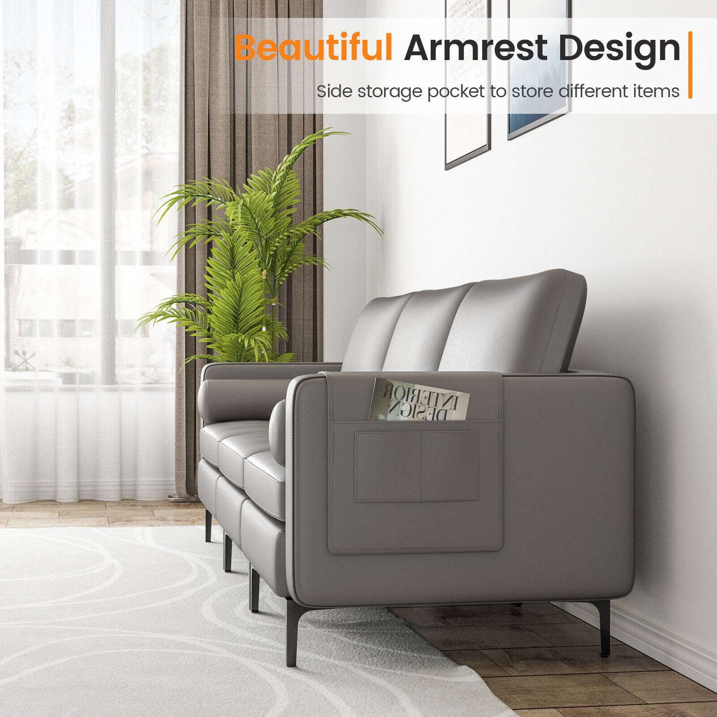 Modular 3-Seat Sofa Couch with Socket USB Ports and Side Storage Pocket-Gray