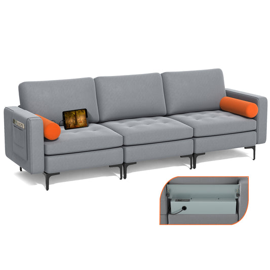 Modular 3-Seat Sofa Couch with Socket USB Ports and Side Storage Pocket-Gray