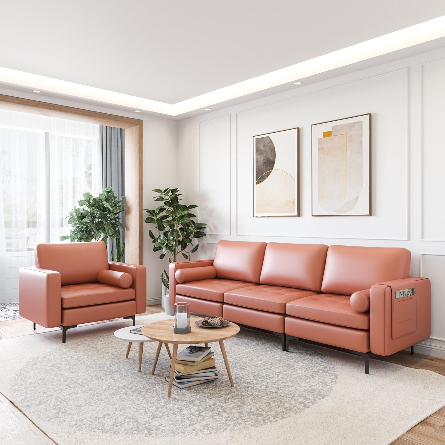 Modular 3-Seat Sofa Couch with Socket USB Ports and Side Storage Pocket-Gray