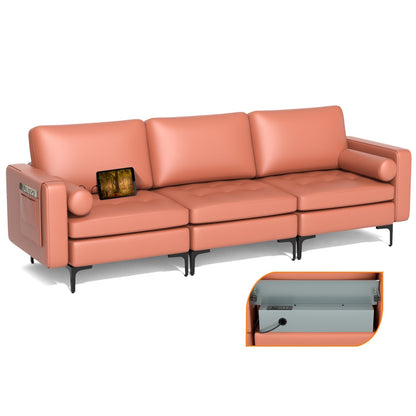 Modular 3-Seat Sofa Couch with Socket USB Ports and Side Storage Pocket-Gray