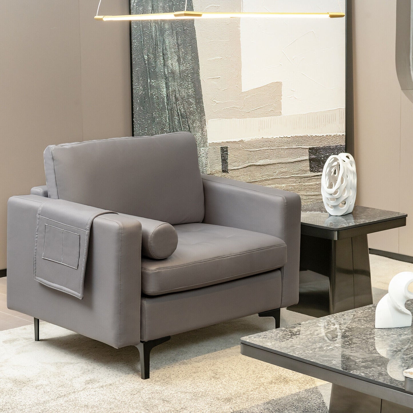 Modern Single Sofa with Cushion Bolster and Side Storage Pocket