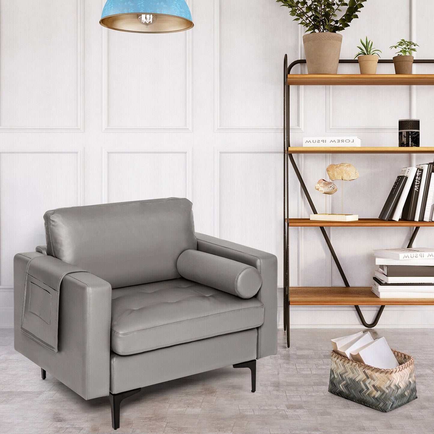 Modern Accent Chair with Bolster and Side Storage Pocket-Army Green