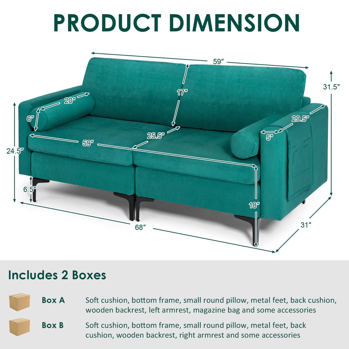 Modular 1/2/3/4-Seat L-Shaped Sectional Sofa Couch with Socket USB Port-2-Seat