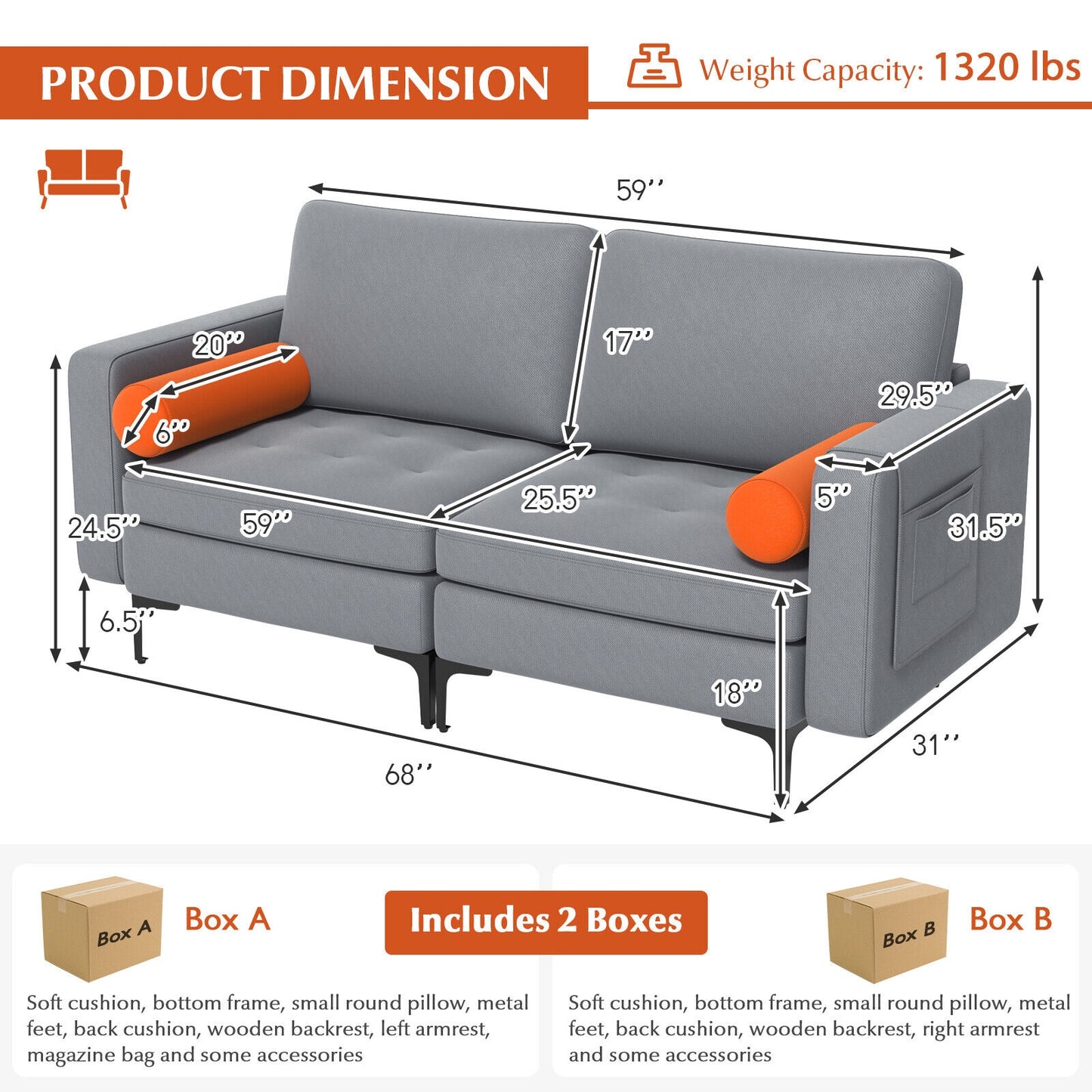 Modern Loveseat Sofa with 2 Bolsters and Side Storage Pocket-Gray