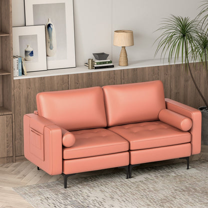 Modern Loveseat Sofa with 2 Bolsters and Side Storage Pocket-Pink