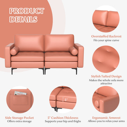 Modern Loveseat Sofa with 2 Bolsters and Side Storage Pocket-Pink