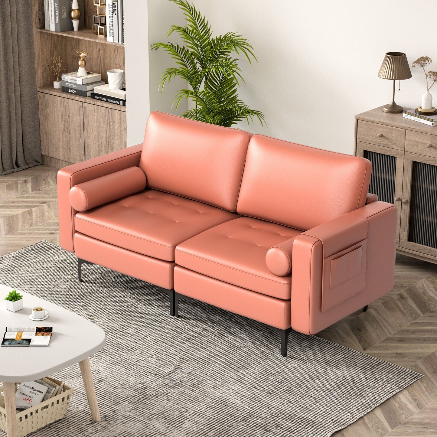 Modern Loveseat Sofa with 2 Bolsters and Side Storage Pocket-Pink