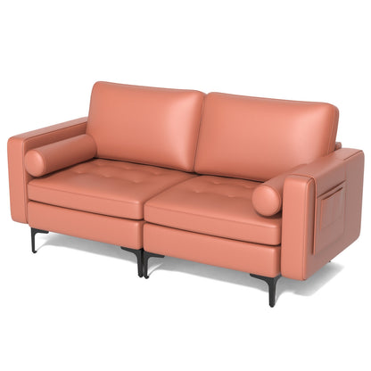 Modern Loveseat Sofa with 2 Bolsters and Side Storage Pocket-Pink