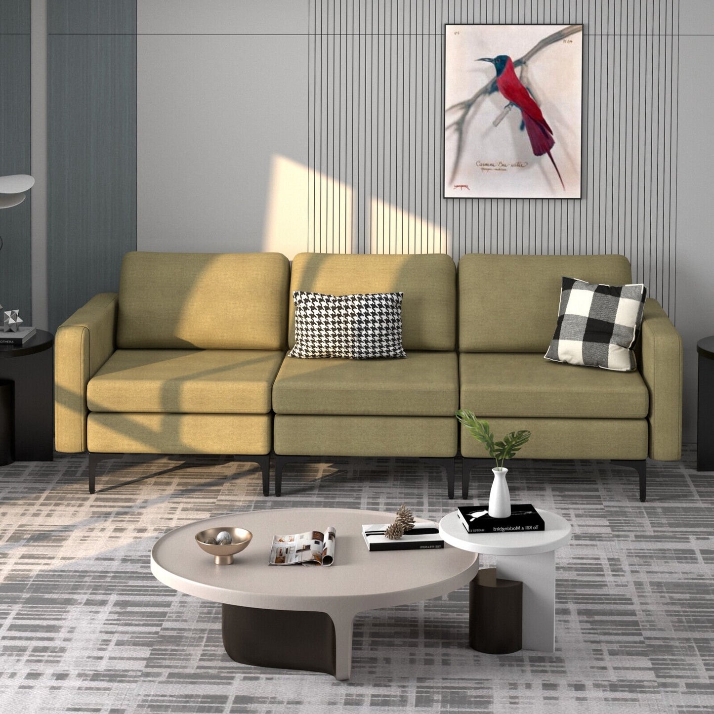 3-Seat Sectional Sofa Couch with Armrest Magazine Pocket and Metal Leg-Blue
