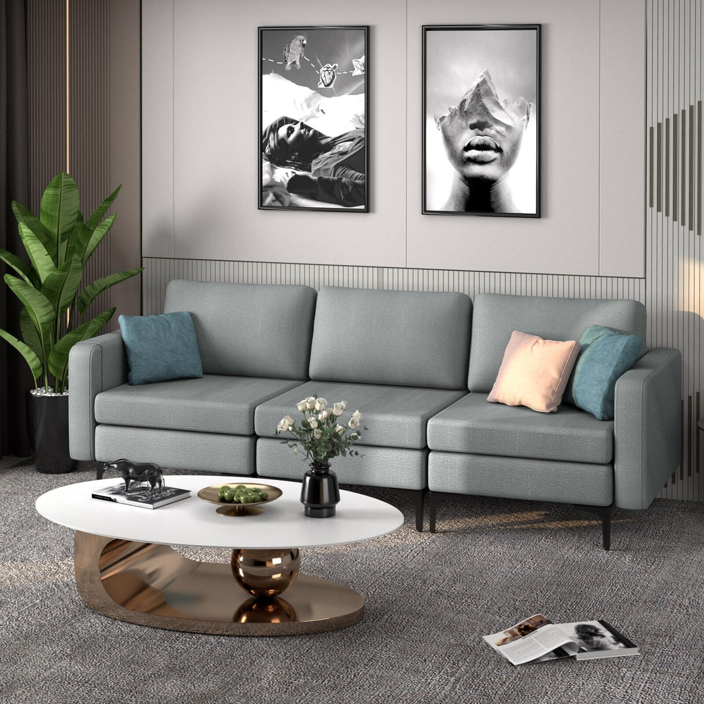 3-Seat Sectional Sofa Couch with Armrest Magazine Pocket and Metal Leg-Blue