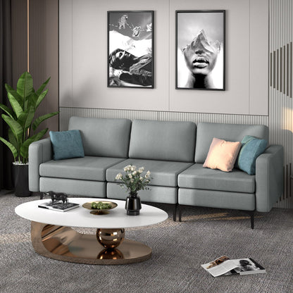 3-Seat Sectional Sofa Couch with Armrest Magazine Pocket and Metal Leg-Blue