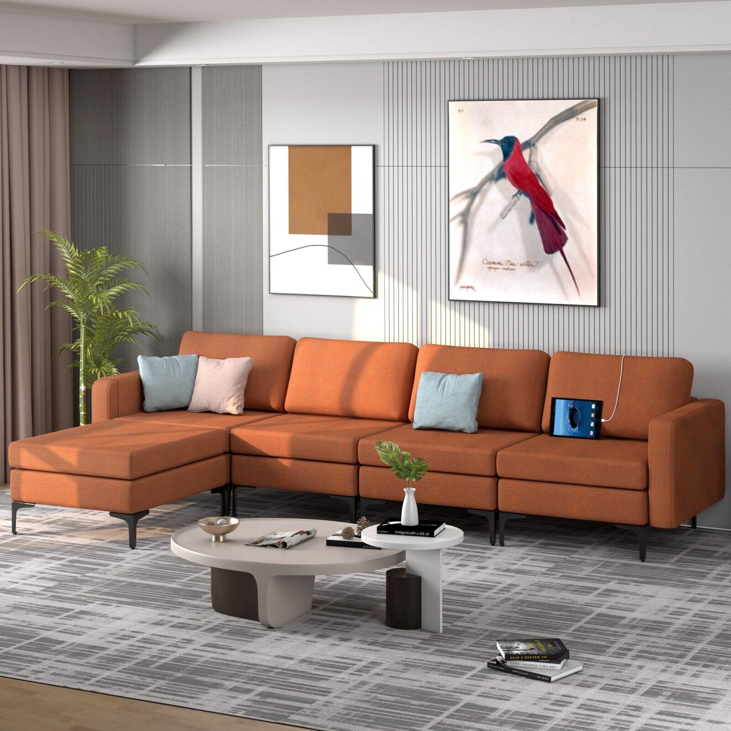 Modular L-shaped Sectional Sofa with Reversible Ottoman and 2 USB Ports-Blue