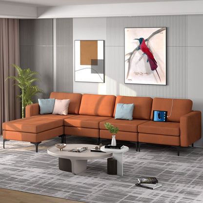 Modular L-shaped Sectional Sofa with Reversible Ottoman and 2 USB Ports-Blue