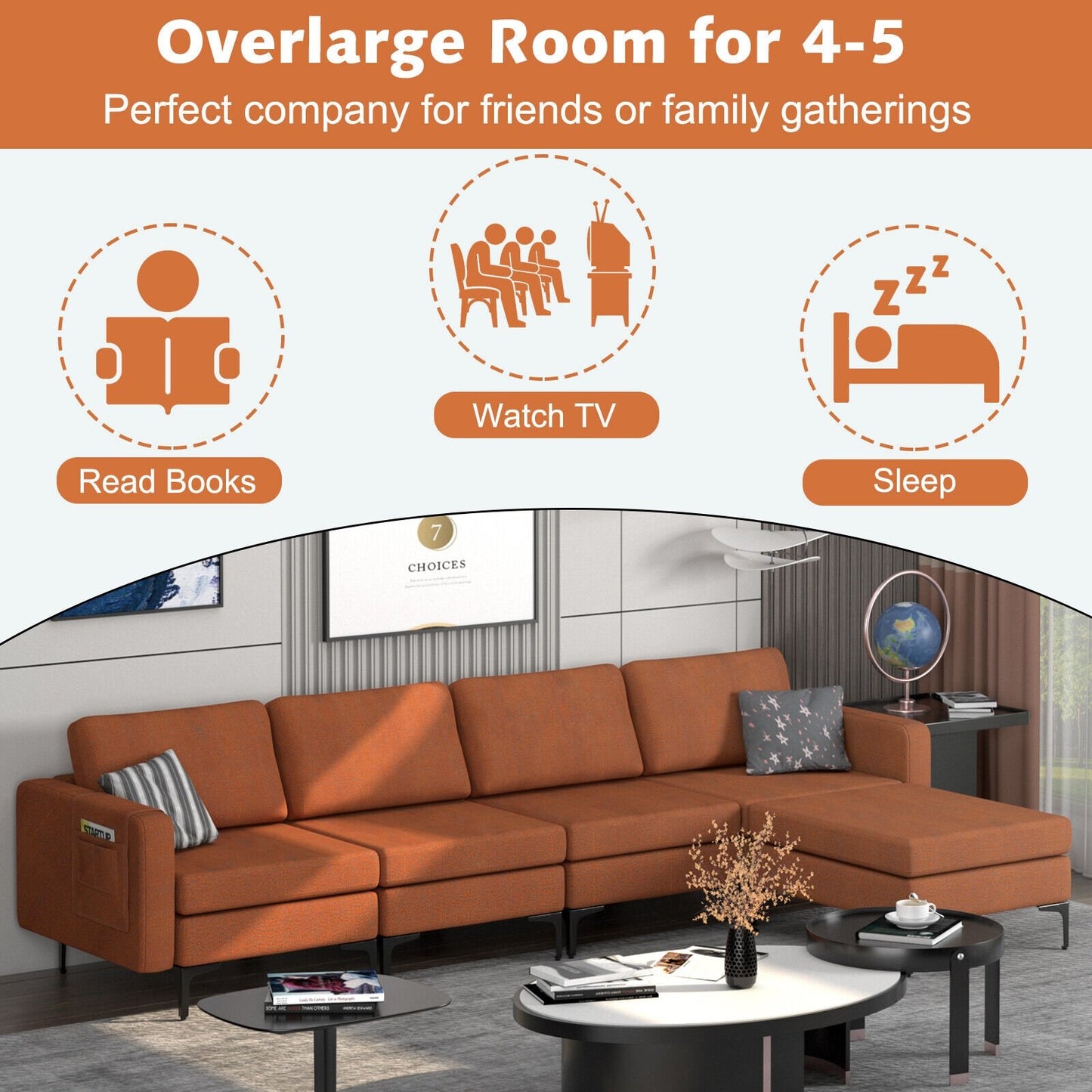 Modular L-shaped Sectional Sofa with Reversible Ottoman and 2 USB Ports-Blue
