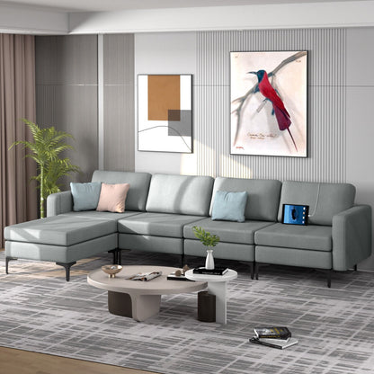 Modular L-shaped Sectional Sofa with Reversible Ottoman and 2 USB Ports-Blue