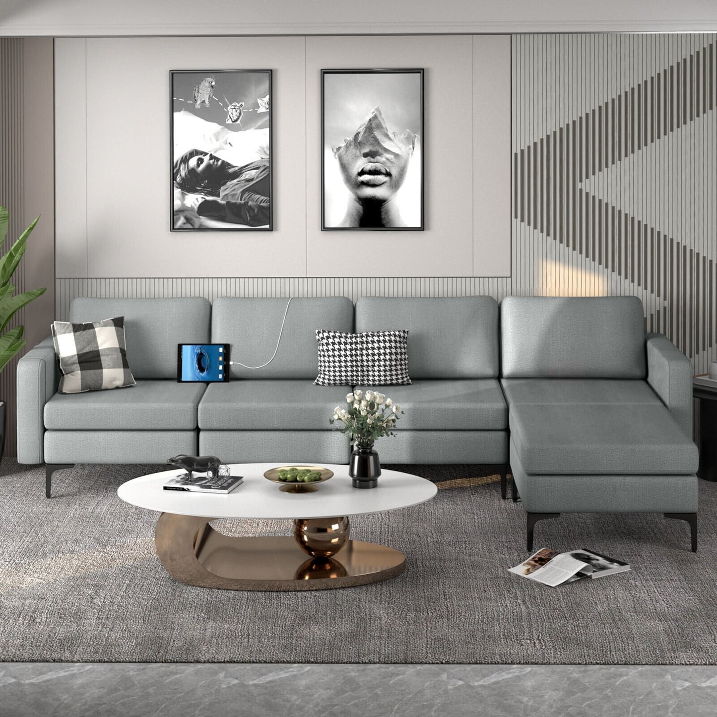 Modular L-shaped Sectional Sofa with Reversible Ottoman and 2 USB Ports-Blue