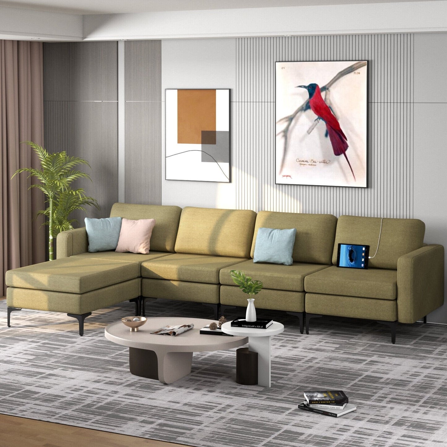 Modular L-shaped Sectional Sofa with Reversible Ottoman and 2 USB Ports-Blue