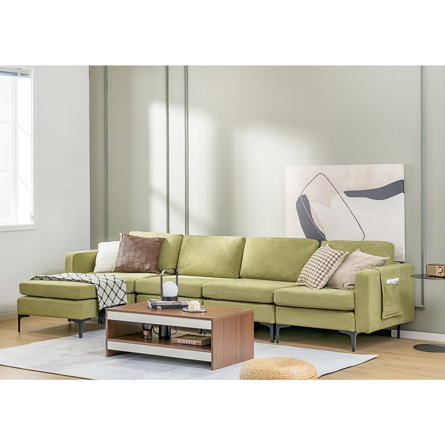 Modular L-shaped Sectional Sofa with Reversible Ottoman and 2 USB Ports-Blue