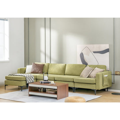 Modular L-shaped Sectional Sofa with Reversible Ottoman and 2 USB Ports-Blue