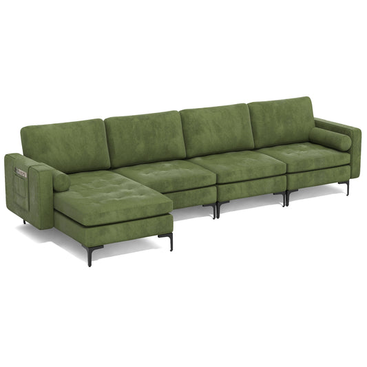 Modular 2-seat/3-Seat/4-Seat L-shaped Sectional Sofa Couch with Reversible Chaise and Socket USB Ports-4-Seat L-shaped-Army Green