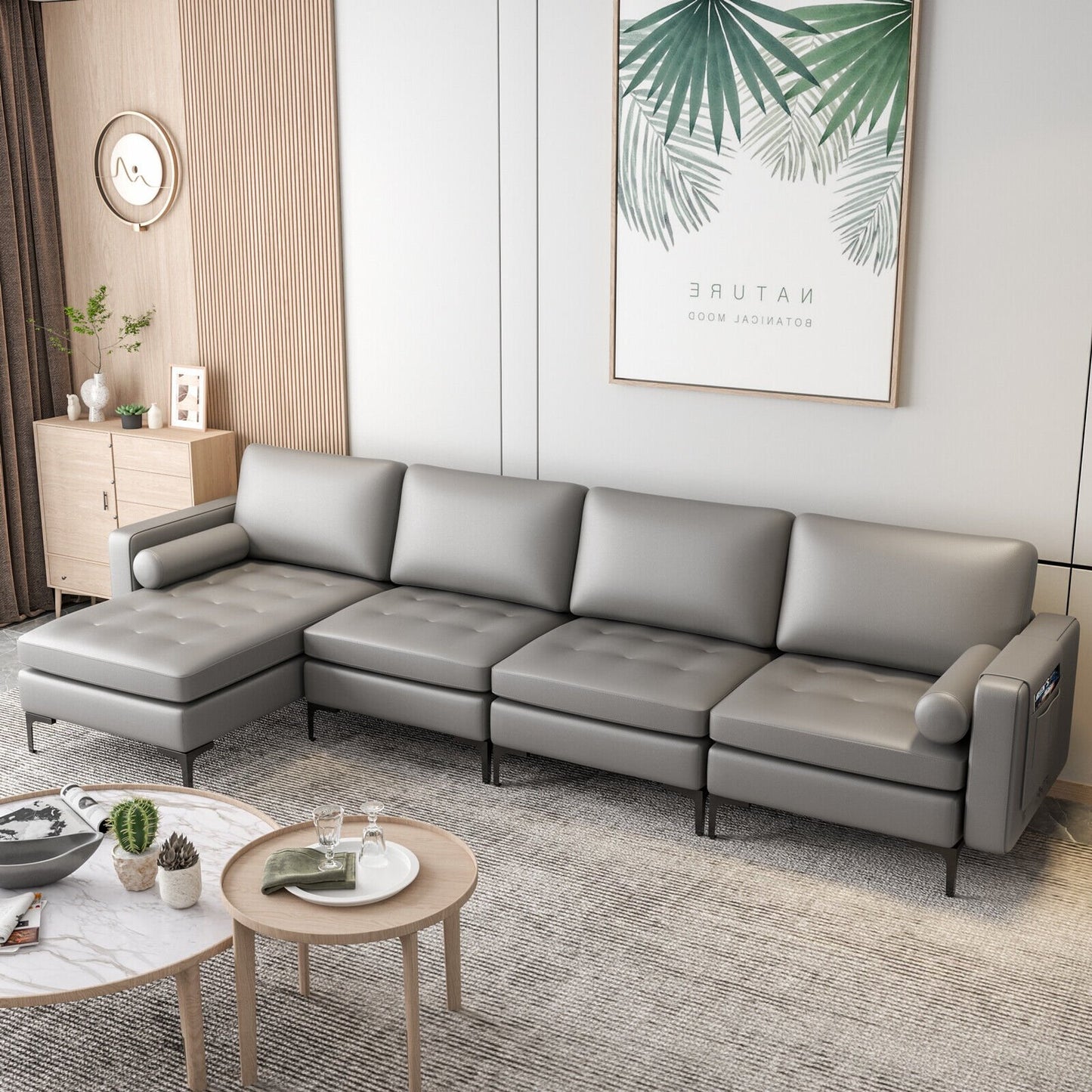 Modular 2-seat/3-Seat/4-Seat L-shaped Sectional Sofa Couch with Reversible Chaise and Socket USB Ports-4-Seat L-shaped-Army Green