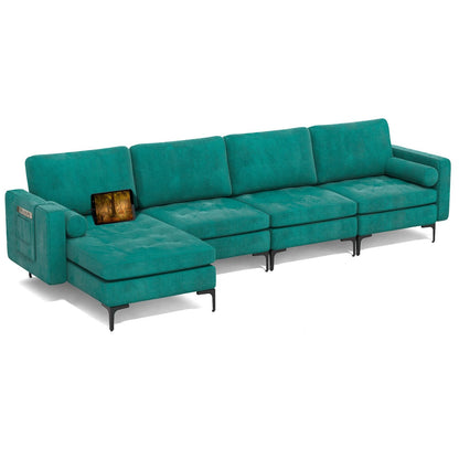 Modular 2-seat/3-Seat/4-Seat L-shaped Sectional Sofa Couch with Reversible Chaise and Socket USB Ports-4-Seat L-shaped-Army Green