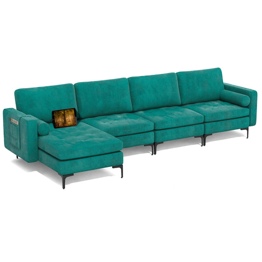 Modular 1/2/3/4-Seat L-Shaped Sectional Sofa Couch with Socket USB Port-4-Seat L-shaped with 2 USB Ports-Teal
