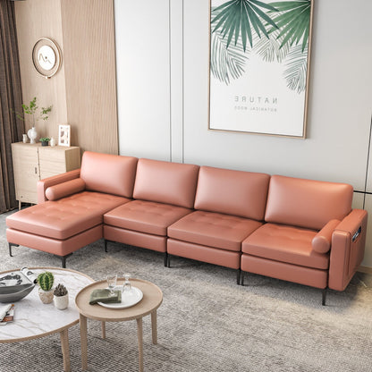Modular 2-seat/3-Seat/4-Seat L-shaped Sectional Sofa Couch with Reversible Chaise and Socket USB Ports-4-Seat L-shaped-Army Green