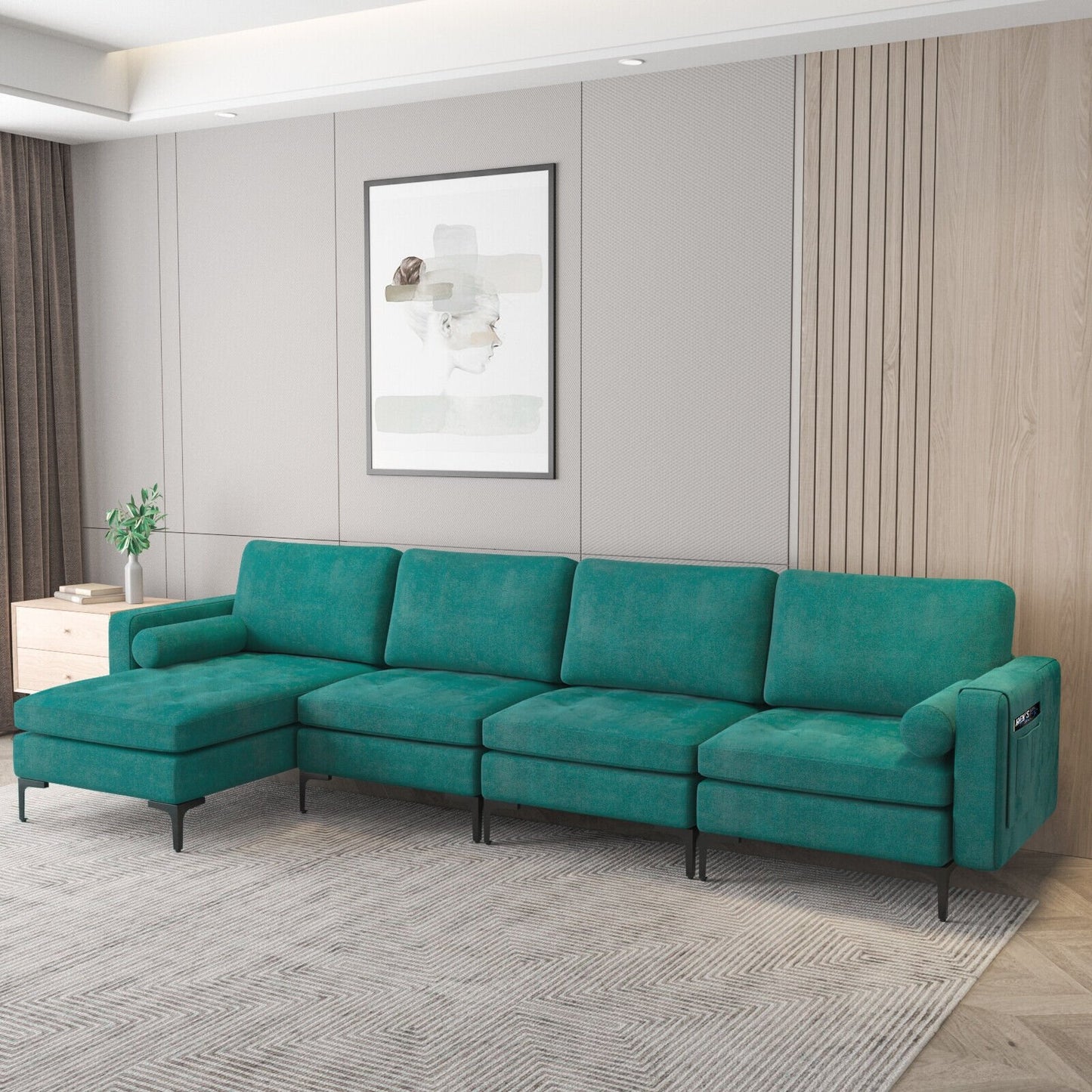 Modular 2-seat/3-Seat/4-Seat L-shaped Sectional Sofa Couch with Reversible Chaise and Socket USB Ports-4-Seat L-shaped-Army Green