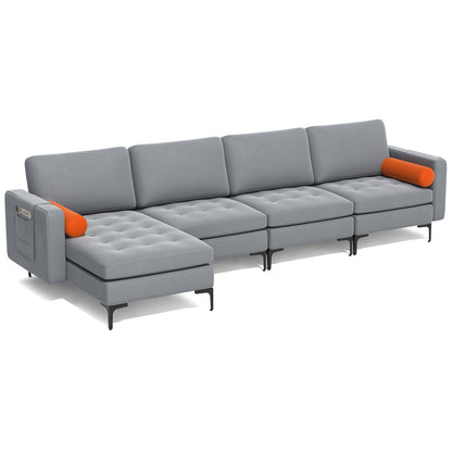 Modular 2-seat/3-Seat/4-Seat L-shaped Sectional Sofa Couch with Reversible Chaise and Socket USB Ports-4-Seat L-shaped-Army Green