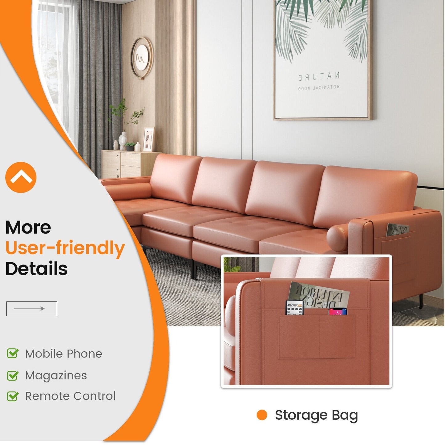 Modular 2-seat/3-Seat/4-Seat L-shaped Sectional Sofa Couch with Reversible Chaise and Socket USB Ports-4-Seat L-shaped-Army Green
