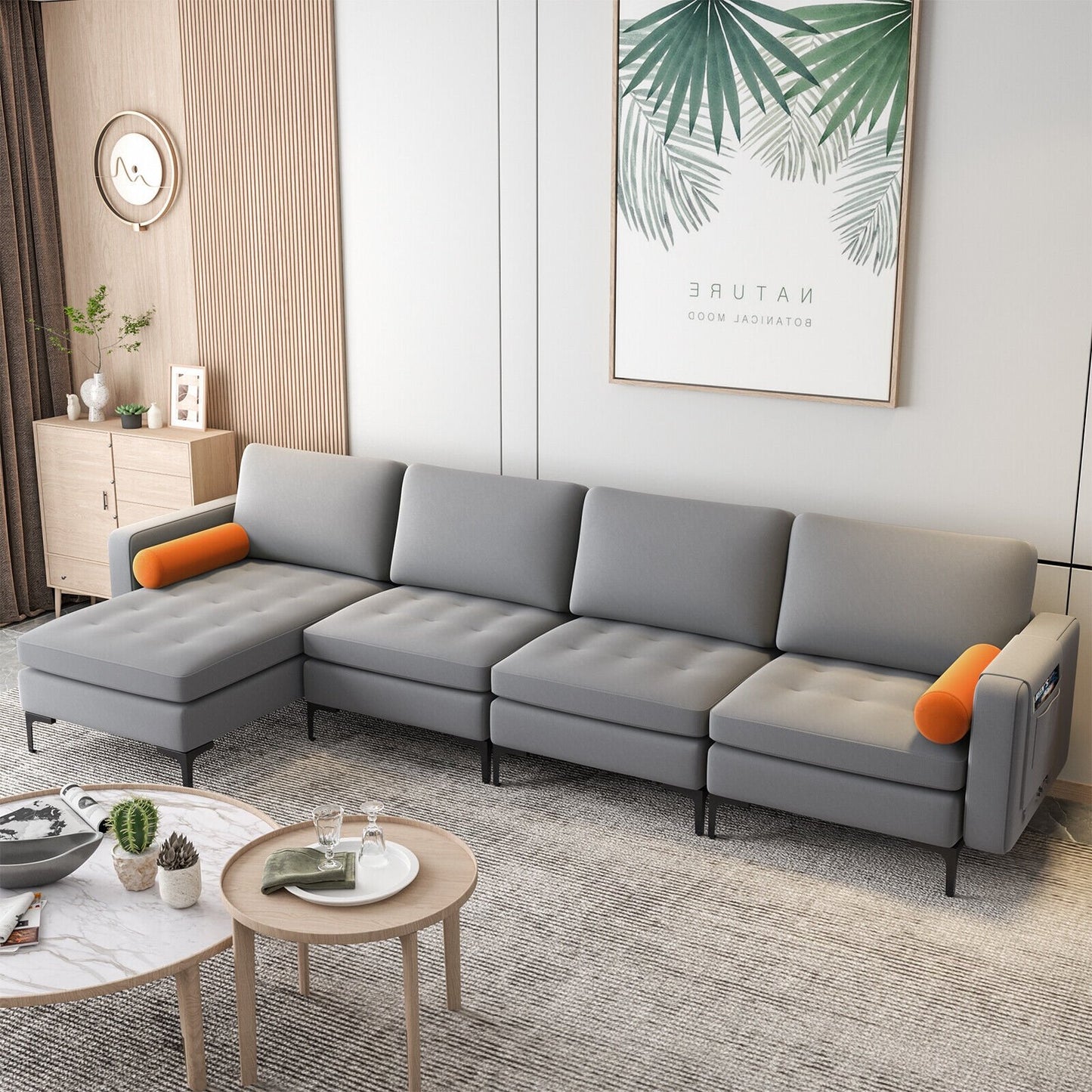 Modular 2-seat/3-Seat/4-Seat L-shaped Sectional Sofa Couch with Reversible Chaise and Socket USB Ports-4-Seat L-shaped-Army Green