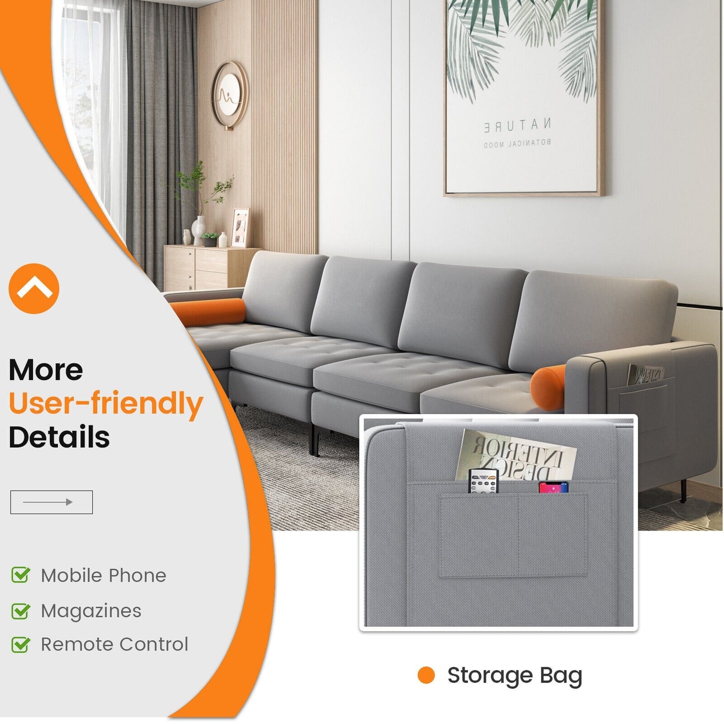 Modular 2-seat/3-Seat/4-Seat L-shaped Sectional Sofa Couch with Reversible Chaise and Socket USB Ports-4-Seat L-shaped-Army Green