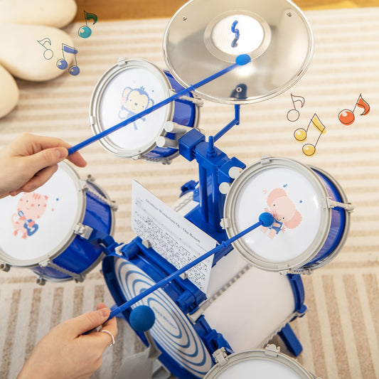 Kids Drum Set Educational Percussion Musical Instrument Toy with Bass Drum-Blue