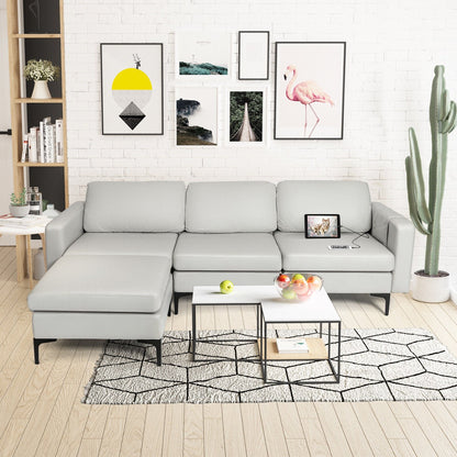 Modular L-shaped Sectional Sofa with Reversible Chaise and 2 USB Ports-Blue