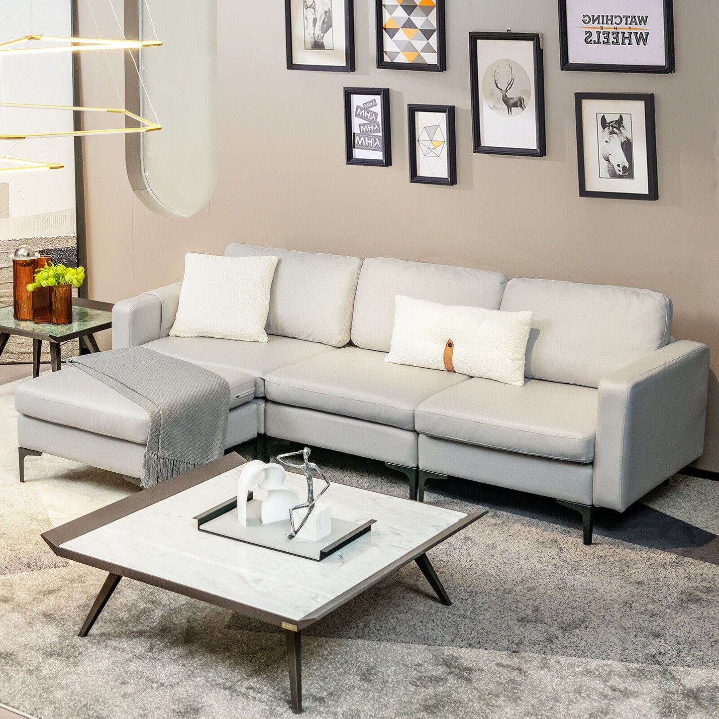 Modular L-shaped Sectional Sofa with Reversible Chaise and 2 USB Ports-Blue