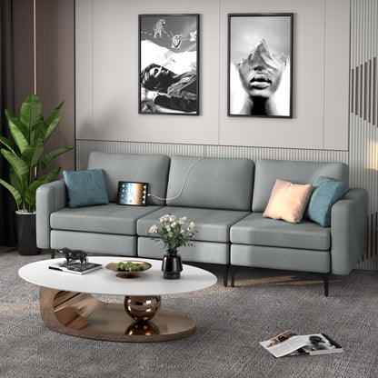 Convertible Leather Sofa Couch with Magazine Pockets 3-Seat with 2 USB Port-Blue
