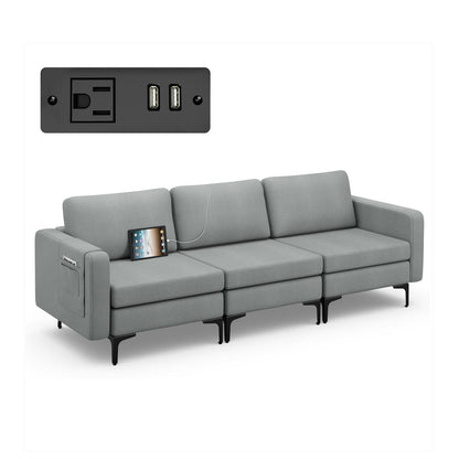 Convertible Leather Sofa Couch with Magazine Pockets 3-Seat with 2 USB Port-Blue