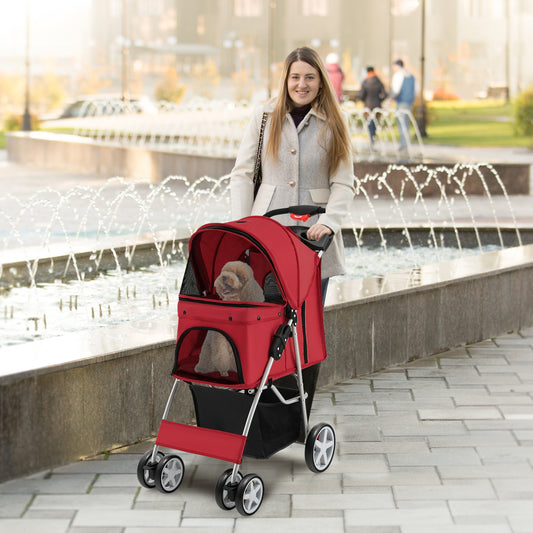 Folding Pet Stroller with Storage Basket and Adjustable Canopy-Red